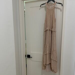 Beige Polka Dot Tiered Halter Maxi Dress